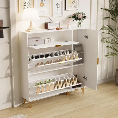Immagine prodotto di Armadio per scarpe con 3 ante, modello stretto, realizzato in materiale composito, colore bianco