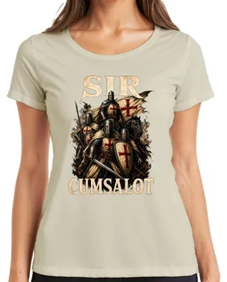 Immagine prodotto di Maglietta da donna con scritta "Sir Cumsalot Ritter Kreuzritter", stile medievale, scritta sarcastica, colore naturale, taglia S