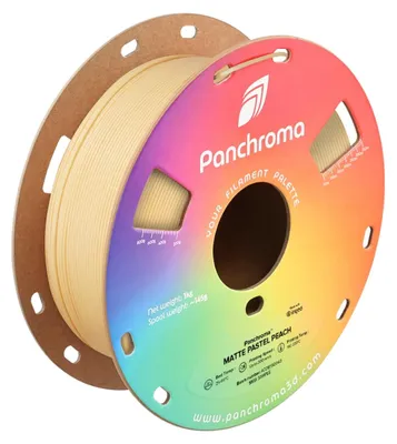 A spool of 3D printer filament with a colorful label.