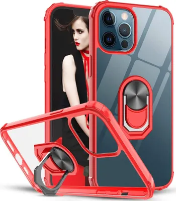 Produktbild von 360 Grad Ringhalter Handytasche Abdeckung magnetische Stoßstange Schutzhülle kompatibel mit iPhone 14 Pro Rot