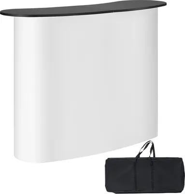 A white, curved display counter with a black countertop and a black carrying bag shown below it, all on a white background.