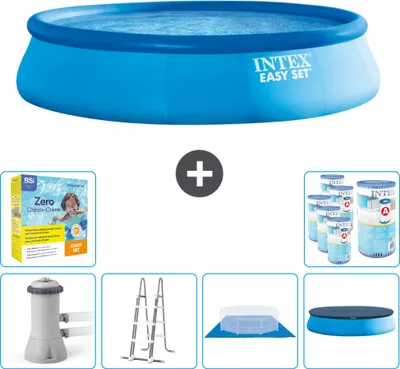 Produktbild von Intex runder aufblasbarer Easy Set-Schwimmpool – 457 x 107 cm – Blau – inklusive Pumpe – Leiter – Bodenplane – Abdeckung Wartungspaket - Filter