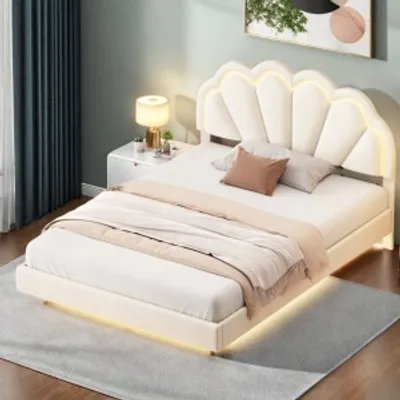 Zdjęcie produktu dla UnboxG Łóżko tapicerowane 140x200cm, łóżko podwójne ze stelażem listwowym, łóżko młodzieżowe z LED, łóżko drewniane z pływającym stelażem, aksamit, beżowy