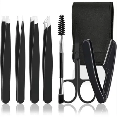 Produktbild von Pinzetten Set 7 Stück, Augenbrauen Pinzette Präzision Edelstahl Vielseitig, für eingewachsene Haare Mitesser mit Leder Etui Schwarz