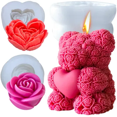 Produktbild von Silikonformen für 3D-Bären, Kerzenform mit Rosenbär und Blume, Silikonform für Kerzen mit Blumenbär, Gießformen, DIY-Kerzenformen für selbstgemachte Seife, Valentinstagsgeschenke, Geburtstagsgeschenke