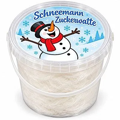 Produktbild von Schneemann Zuckerwatte im Eimer – weiß, natürliche Süße, 50g – Nascherei für Kindergeburtstag, Party oder Mitgebsel