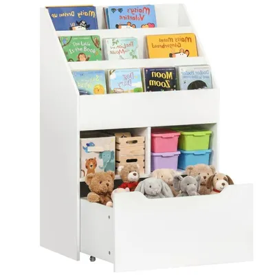 Produktbild von Kleines Kinderbücherregal – Kinderbücherschrank – Aufbewahrungsschrank fürs Arbeitszimmer – mit Regalböden und Schubladen – 60 x 29,9 x 90 cm –Weiß