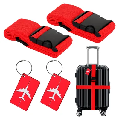 Produktbild von 2-teiliges Set aus Koffergurten mit Etiketten, verstellbare und sichere Reiseaccessoires für Koffer (rot)