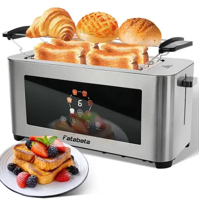 A toaster with bread and pastries on top, and French toast on a plate in the foreground.