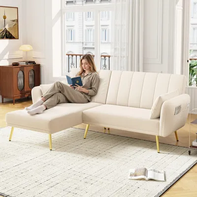 Image de Merax Canapé d'angle avec fonction sommeil, Canapé convertible en L, réglable en 3 positions, Canapé 3 places, Canapé, Canapé-lit, Canapé salon, Velvet, Beige