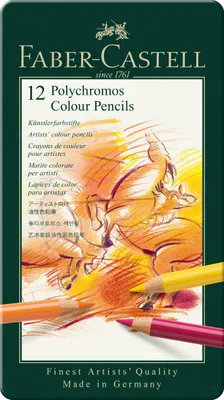Productafbeelding van Faber-Castell 110012, professionele kleurpotloden POLYCHROMOS®, in verschillende kleuren, verpakt in een metalen etui met 12 stuks