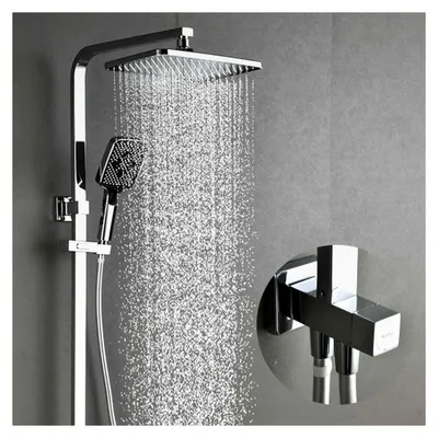 Produktbild von Duschsystem Regendusche ohne Armatur, Edelstahl Duschset mit quadratischem Regenduschkopf und 3 Strahlarten Handbrause, Messing Duschumsteller, Chrom