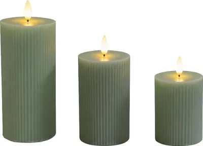 Image de Bougies LED Relaxdays, lot de 3, 3 tailles, flamme vacillante, cire véritable, rainurées, bougies électriques sans flamme, sauge