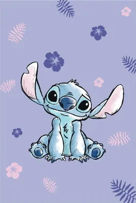 A cartoon drawing of Stitch from Lilo & Stitch sitting on a light purple background with scattered floral and leaf illustrations.