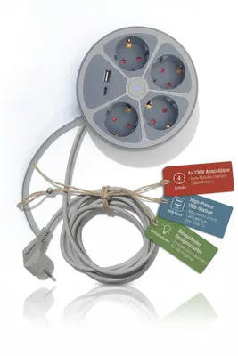 Produktbild von Technaxx Steckdosenleiste Rund 4-fach USB-C & USB-A Grau TX-262 | 3680W Design-Leiste
