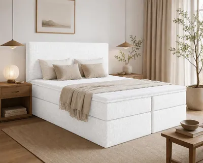 Produktbild von Boxspringbett BOKA Bett aus Chenille-Stoff Doppelbett mit Bonellfederkernmatratze und Bettkasten (140x200, Weiß - Tocco 01, topper VISCO)
