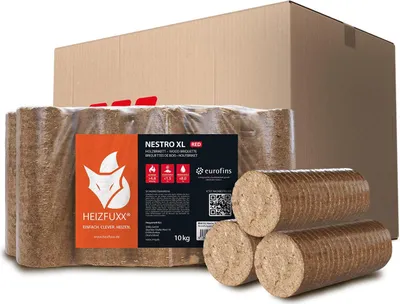 A product shot of wood briquettes in packaging, with a cardboard box in the background.