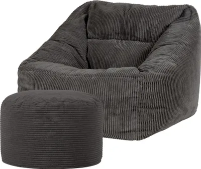 Produktbild von icon Riesen Sitzsack Sessel Bean Bag Natalia mit Sitzpuff, Anthrazitgrau, Cord XXL Sitzsack Erwachsene mit Füllung Für Das Wohnzimmer, Riesensitzsack XXL Flauschig Cord - Hergestellt in Deutschland