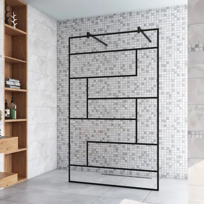Produktbild von 117.7x200cm+ mit 2 140cm Schwarz Stabilisator 8mm Nano Sicherheitsglas Walk in unregelmäßige Form Streifen Duschwand Duschabtrennung