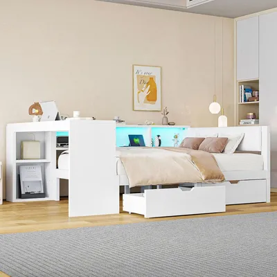 Obrázek produktu pro Postel ve tvaru L, bílá, 140 x 200 cm, s psacím stolem a knihovnou, LED osvětlením, zásuvkami, čalouněným čelem, bez matrace