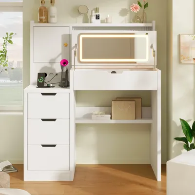Productafbeelding van Make-uptafel in wit, 90 x 40 x 106 cm, met een opklapbare LED-spiegel, 3 lades en stopcontacten