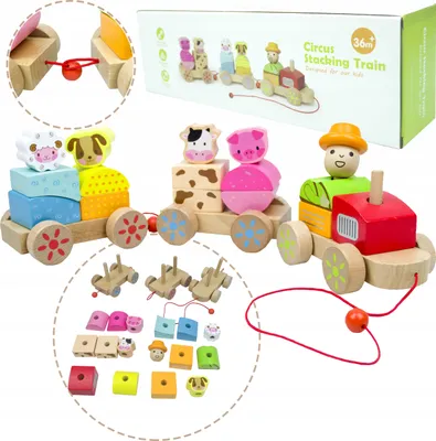 Zdjęcie produktu dla Drewniany Pociąg Z Klockami Wiejska Sceneria Traktor Farmer Zwierzęta