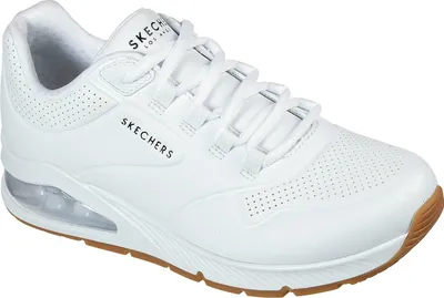 A white Skechers sneaker with a gum sole.
