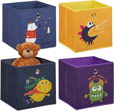 Productafbeelding van Opbergmanden kinderkamer - Set van 4 - Dieren & monster prints - Opvouwbaar - 30 x 30 x 30 cm - Kleurrijk