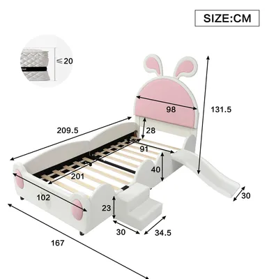 Image de Lit simple pour enfant - Lit rembourré 90x200 cm - Tête de lit avec oreilles de lapin - Structure en bois - Avec escalier et toboggan - Avec espace de rangement