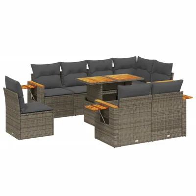 Produktbild von vidaXL 9-tlg. Garten-Sofagarnitur mit Kissen Grau Poly Rattan