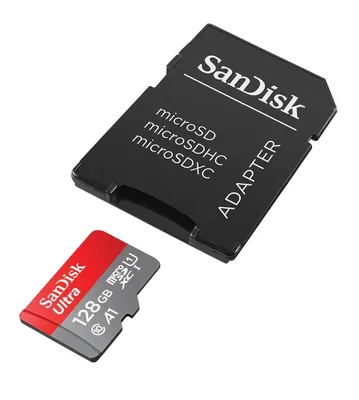 Produktbild von SanDisk Ultra microSD, 128 GB, MicroSDXC, Klasse 10, UHS-I, 120 MB/s, Grau, Rot