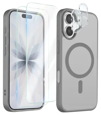 Image de Avizar, coque de protection MagSafe pour iPhone 17, avec 2 protections en verre trempé et 2 films protecteurs pour les caméras, couleur gris