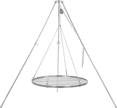 Imagen del producto de Barbacoa giratoria de tres patas con parrilla de 70 cm de diámetro, fabricada en acero inoxidable, con altura ajustable de 119 a 184 cm. Ideal para usar con un brasero, barbacoa giratoria sin brasero, o como parrilla de jardín. Barbacoa giratoria