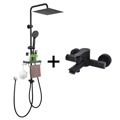 Produktbild von Homelody Duschsystem mit Badewannenarmatur Schwarz Regendusche 30 cm Regendusche Quadratische, 5 Funktionen Handbrause, Ablage mit Haken