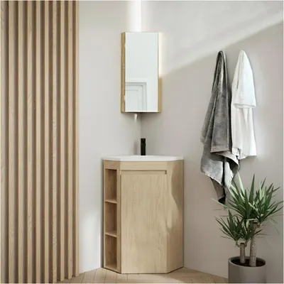 Immagine prodotto di Mobile lavabo angolare su gambe con lavabo, rubinetto e mobiletto a specchio SORRENTO