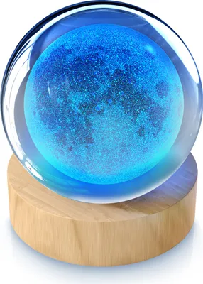 Obrázek produktu pro MyBeo LED dekorativní světlo 3D skleněná koule, svítící křišťálová koule s gravírováním, noční světelná socha měnící barvu, RGB LED, K9 křišťál, 6 cm ⌀, dřevěný podstavec, měsíc