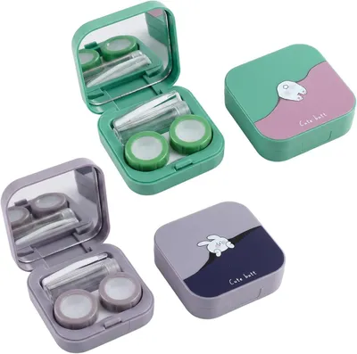 Imagen del producto de Estuches para lentes de contacto con espejo, 2 unidades, diseño de conejito, set de viaje para lentes de contacto