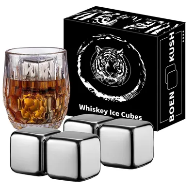 Produktbild von Whisky Steine Edelstahl 4er Set 64 cm³ wiederverwendbar für Getränke Geschenkset Silbrig