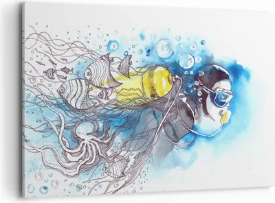 Produktbild von Bild auf Leinwand - Leinwandbild - Taucher Fische Illustration Hobby - 120x80cm - Wand Bild - Wanddeko - Leinwanddruck - Bilder - Kunstdruck - Leinwand bilder - Wandkunst - AA120x80-2982