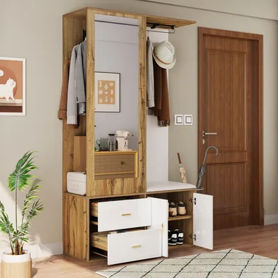 Image de MODFU Meuble d’Entrée - Armoires Multifonction avec Miroir, Penderie Extensible et Rangement Chaussures, 100x38x108 cm, Blanc et Bois, MDF