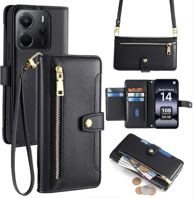 Produktbild von Handykette Xiaomi Redmi Note 14 4G Hülle mit Band Handyhülle Kartenfächer Kunstleder Umhängetasche in Schwarz