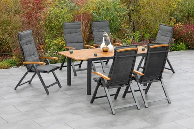 Produktbild von Merxx Gartenmöbel Set Tilos 13tlg., 6 Klappsessel inkl. Kissen, Ausziehtisch 150 (200) x 90 cm- Aluminium/Akazie