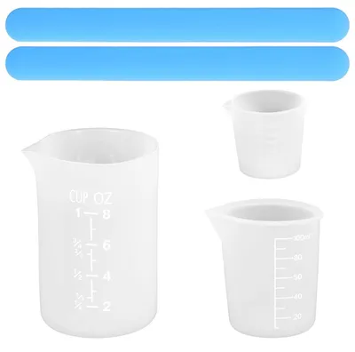 Obrázek produktu pro Sada silikonových odměrných kelímků, 3 kusy, objemy 30 ml, 100 ml a 250 ml, s metrickou stupnicí a míchací tyčinkou