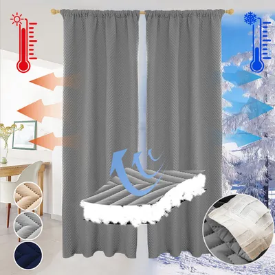 A collage of images showing gray curtains with thermal insulation graphics, and swatches of different curtain colors.