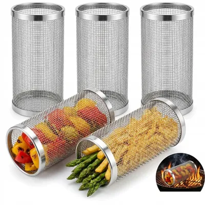 Image de Lot de 5 paniers grill inox pour barbecue, panier rotatif cylindrique 20 cm, grille tube pour légumes, frites et poisson, anti-rouille