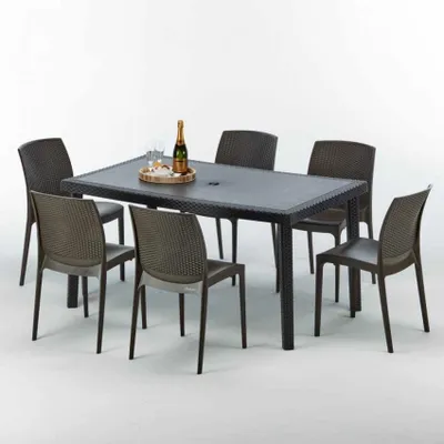 Produktbild von Poly Rattan Tisch Rechteckig mit 6 Bunten Polyrattan Stühlen 150x90 Schwarz