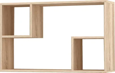 A wooden shelf unit with multiple compartments against a white background.
