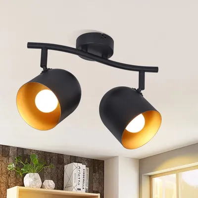 Image de ZMH Spot de plafond 2 flammes Vintage E14 Plafonnier cuisine en noir et or rétro rond Spots de plafond couloir orientables 350° Spots muraux Sans ampoules