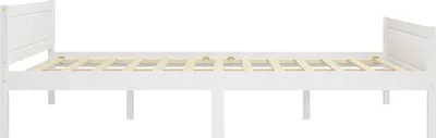 A side view of a white wooden bed frame with wooden slats.