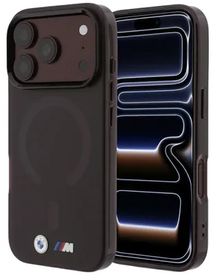 Image de Coque pour iPhone 18 Pro Max / 17 Pro Max, avec logo BMW M IML en métal texturé, compatible MagSafe, couleur rouge foncé transparent